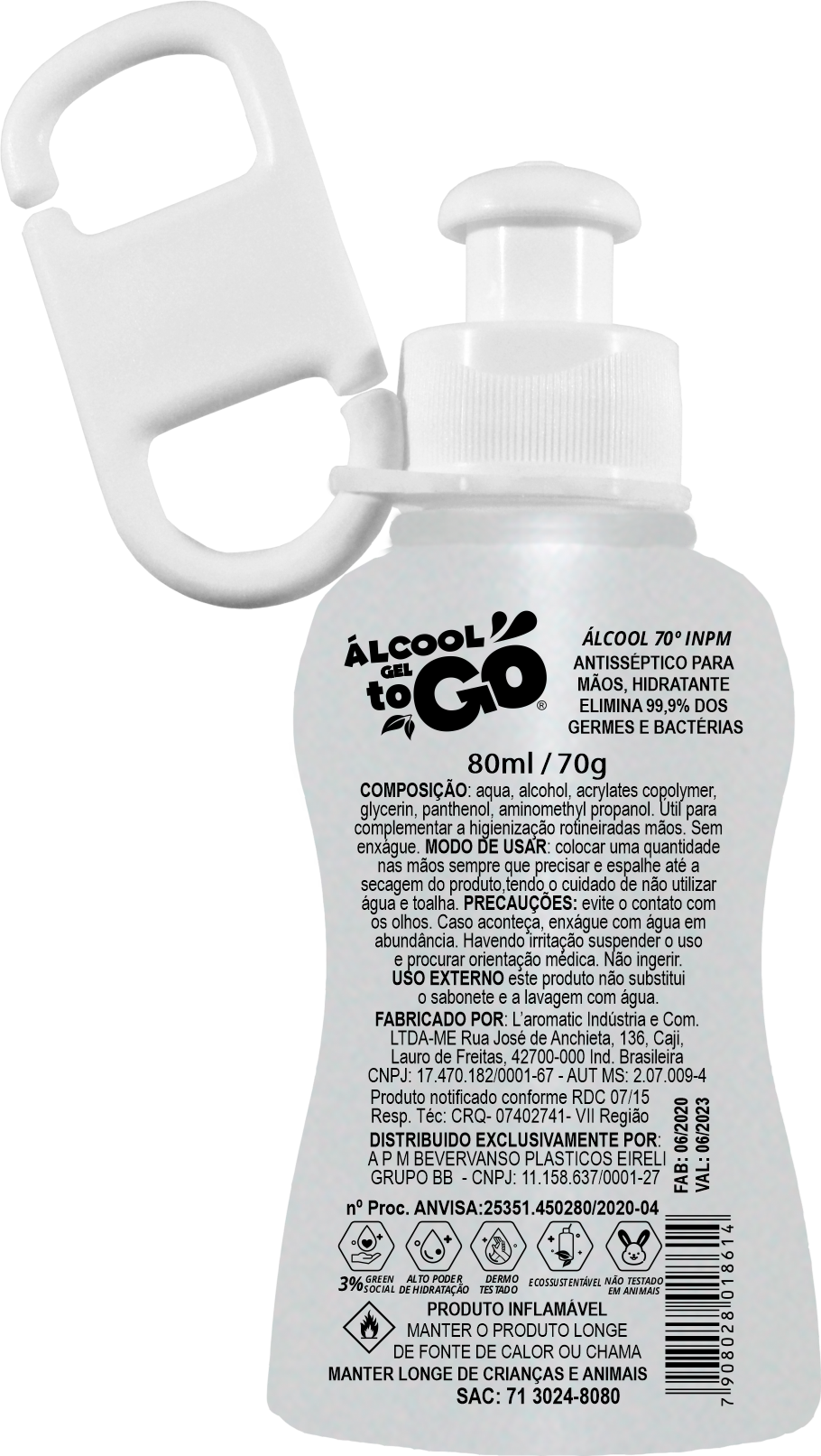 Imagem de Chaveiro Álcool Gel 70 ToGo 80ml com clipe